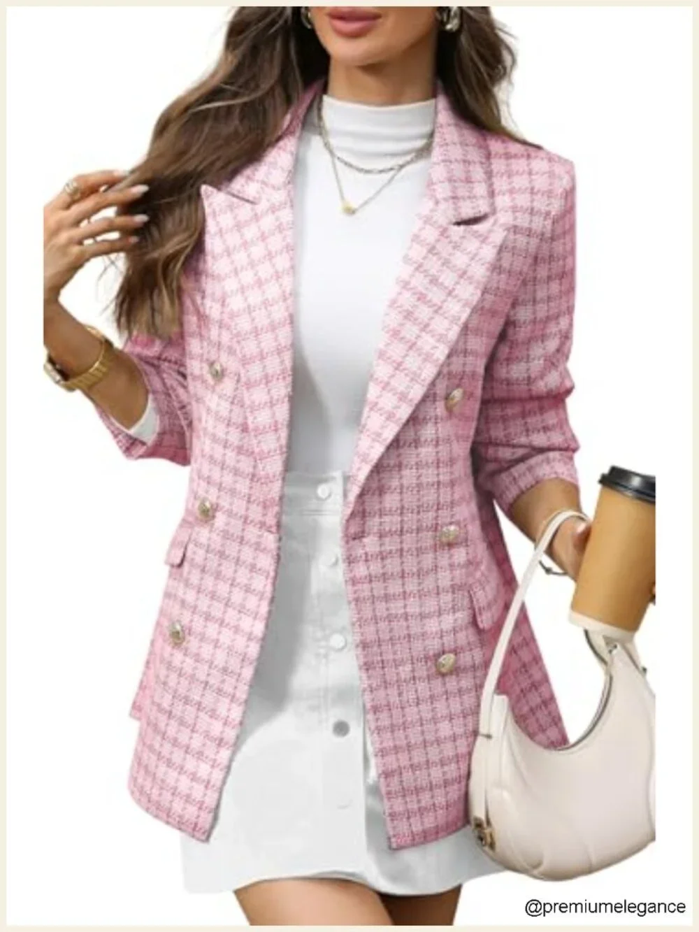 Women's Oversized Plaid Tweed Blazer Boyfriend Jacket